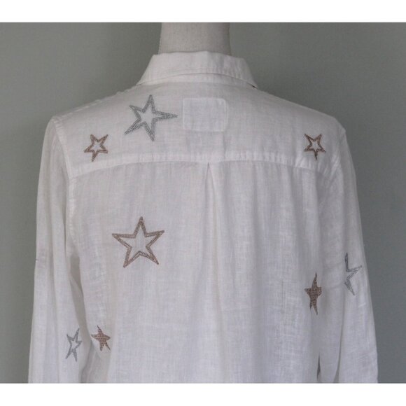 RAILS Charli White & Rose Gold Star Embroidery Linen Blend Button Shirt Top, XS - Picture 10 of 14